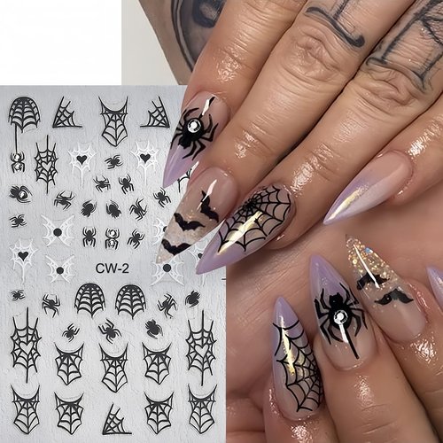Shiny Crystal Spider Nail Stickers for Nail Art 6 Sheets Halloween Nail Decals 3D Self-Adhesive Spider Web Spider Ghost Bat Halloween Nail Art Stickers DIY Manicure Decoration Supplies for Women Girls