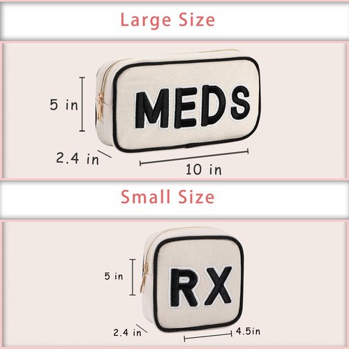 RSRSLEII 2Pcs Small Canvas Rx MEDS Medicine Packages, Cute Chenille Letter Patch Drug Makeup Bag with Metal Zipper, Mini Travel First Aid Purse Organizer Machine Washable (05RX and MEDS)