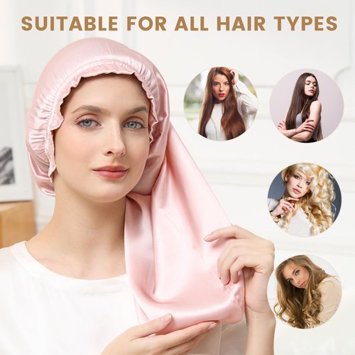 THXSILK 100% Mulberry Silk Bonnet for Sleeping Women Sleep Bonnet with Elastic Band Silk Wrap Hair Cap for Women Long Curly Hair Charming Pink