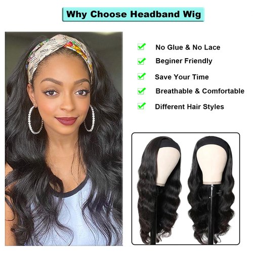 Justres Headband Wigs for Black Women Human Hair 16 Inch Glueless Body Wave Headband Wig Human Hair 100% Brazilian Virgin Hair Machine Made Head band Wig 150% Density