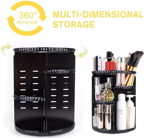 sanipoe Rotating Makeup Organizer,DIY Adjustable Spinning Holder,Foldable Cosmetic Storage Display box,Large Capacity Make up Caddy Shelf,Fits Countertop Vanity and Bathroom (Black)