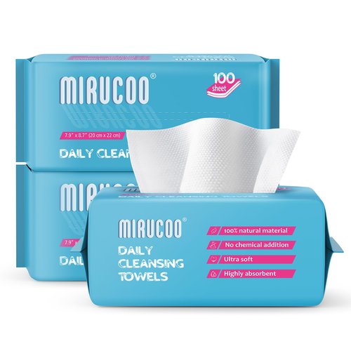 Mirucoo 100 Sheet Daily Cleansing Towels Ultra Soft Dry Wipes for Sensitive Skin Disposable Facial Washcloths 100% Organic Viscose (Pack of 3)