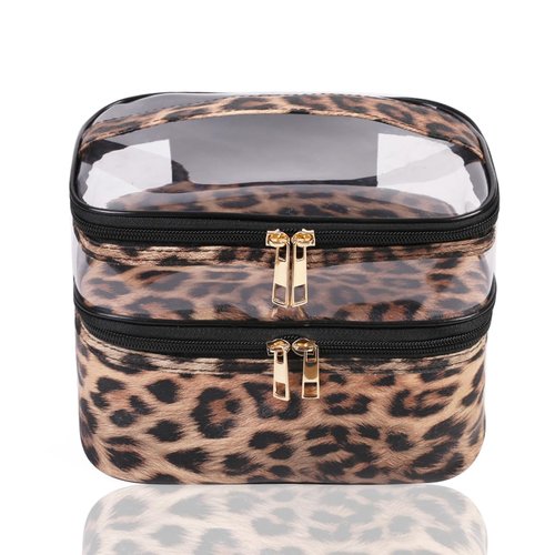 FITINI Makeup Bags Double Layer Travel Large Cosmetic Cases Organizer Toiletry Bags Waterproof Small Zipper Pouch for Women Makeup Brush Storage Bag,Brown Leopard