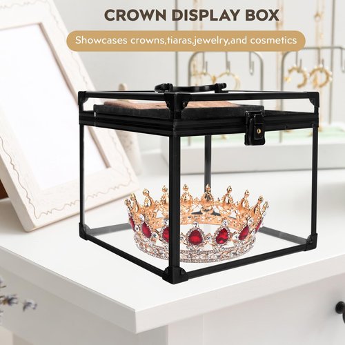 Donghome 9inches Wide Crown Boxes for Pageants Tiara Carrying Case with Sash Holder, Clear Acrylic Makeup Display Case,Toiletry and Cosmetic Organizer (Black, 230 * 230 * 205mm)