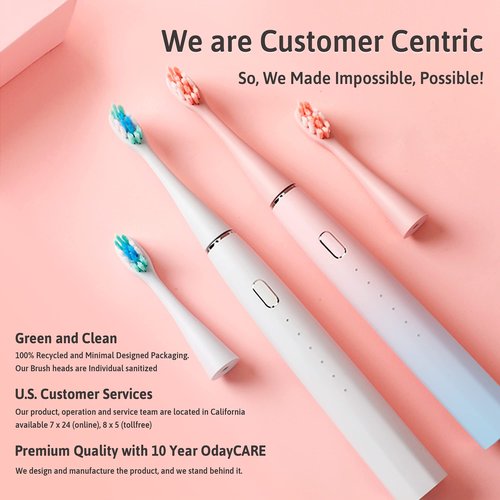 Oday N9000 Sonic Electric Toothbrush, 90% End-Rounding, 10 YR Warranty, 2,000 mAh Battery (180 Days), IPX7 Waterproof, 43,000 VPM (2nd Gen. 3S Sonic Motor), 5 Modes with Smart Timer, 6 Brush Heads