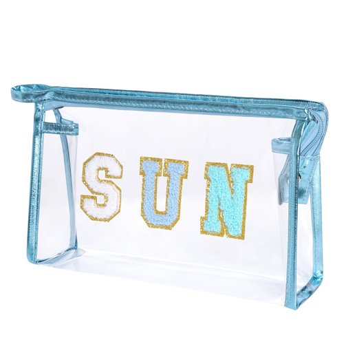 Hmxpls Clear Preppy Patch Makeup Bag, Sun Chenille Letter Bag for Beach, Pouch With Zipper, Travel Cosmetic Toiletry Bag for Women Girls Teens (Blue)