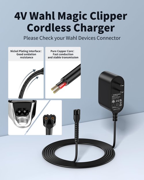 Replacement Charger for Wahl Magic Clipper, 4V Clipper Charger Compatible with Wahl 8164/8591/8148/8504, Power Cord for 5-Star Magic Clip Cordless Trimmer, 1919 100 Year Hair Clipper