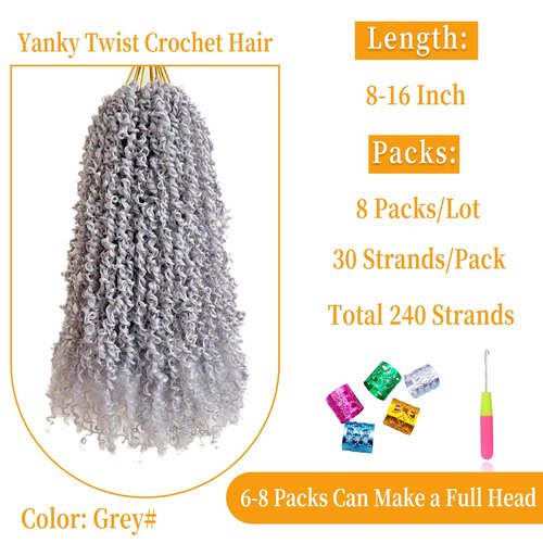 10 Inch Pre-Looped Yanky Twist Crochet Hair, 30 Strands/Pc, Mini Passion Twists, Senegalese Braiding Hair (Grey#, 8 Pcs/Pack)