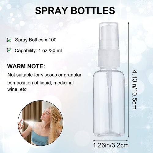 Lemecima 100 Pcs Mini Spray Bottles 1 oz Clear Plastic Fine Mist Spray Bottles with Small Funnels Empty Plastic Bottles Travel Bottle for Essential Oils Travel Perfumes
