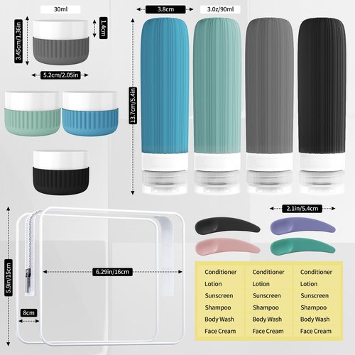 Travel Bottles for Toiletries, Leakproof Silicone Squeezable Cosmetic Liquids Bottles in Travel Size with Clear Bag, TSA Approved Refillable Cosmetic Container Kits for Shampoo and More (Blue)