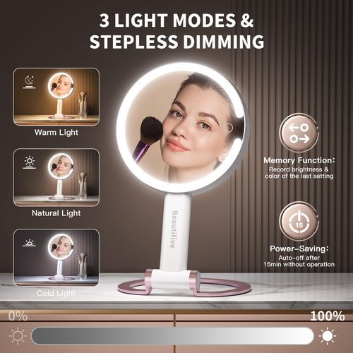 Beautifive 7" Magnifying Mirror with Light, Rechargeable Double-Sided 10X/1X Handheld Mirror with Light, Stepless Dimming Touch 3 in 1 Hand Held Mirrors for Desk Hanging, Pink Detachable Base