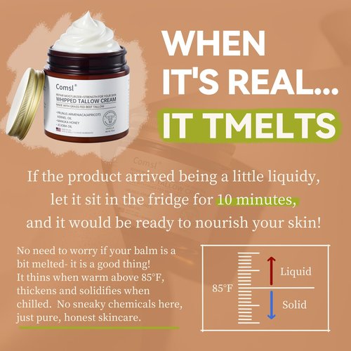 comsl Whipped Tallow Honey Cream with Grass-Fed Beef Tallow & Raw Honey, Face & Body Moisturizer, for Dry, Sensitive Skin, Eczema, Rosacea,US- Made,FL.4oz(Unscented)