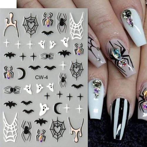 Shiny Crystal Spider Nail Stickers for Nail Art 6 Sheets Halloween Nail Decals 3D Self-Adhesive Spider Web Spider Ghost Bat Halloween Nail Art Stickers DIY Manicure Decoration Supplies for Women Girls