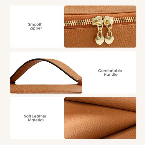 Kattee Makeup Bag for Women, Leather Cosmetic Bag, Working Makeup Bags for Ladies with Handles, Portable Travel Toiletry Bag, Brown