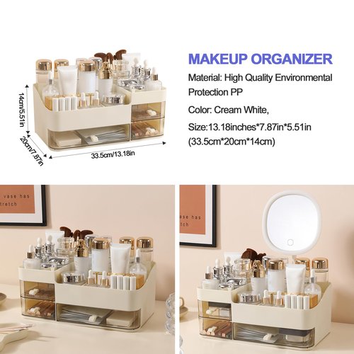 DASITON Makeup Organizer with 3 Drawers,Skincare and Cosmetics Organizer Countertop,Makeup Organizers and Storage with Brush Holder,Large Cosmetic Display Case for Vanity,Desk,Bathroom,Bedroom(Cream)