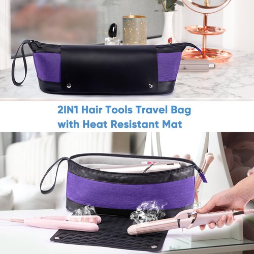 ELCUPA 2IN1 Hair Tools Travel Bag with Removable Heat Resistant Mat Curling Iron Travel Case, Hair Dryer Organizer for Flat Irons, Straighteners and Haircare Accessories, Hot Tools Travel Bag Hair