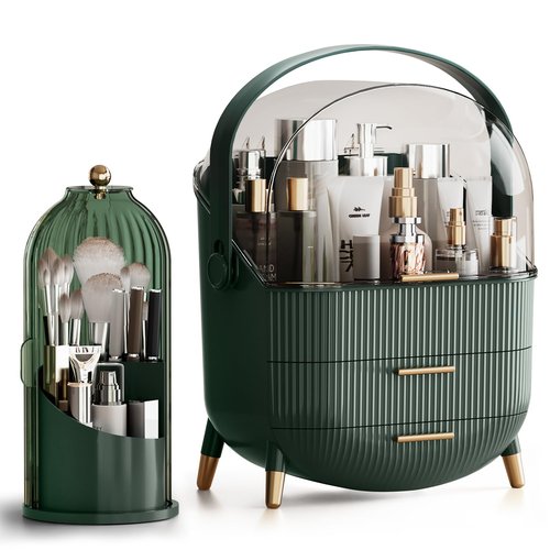 fanado Makeup Organizers Countertop, Makeup organization for Vanity, Cosmetic Storage with Lid and Drawers, Skincare Display Cases with for Desktop, Bathroom (Green)