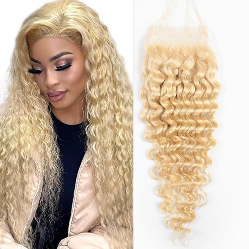 Blonde 613 Closure Deep Wave Free Part Blonde Closure Human Hair Indian Remy Hair 9a Grade Transparent Lace 4x4 With Baby Hair Bleach Knot Pre Plucked High Density 18 Inch