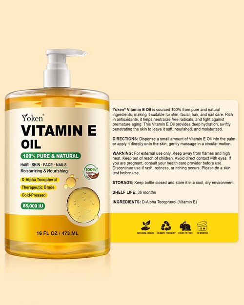 Yoken Vitamin E Oil 16 Fl Oz Organic Vitamina E Oil for Skin 85,000 IU Bulk Vitamine oils for Scars Hair,Face,Nail,Cold Pressed Hexane Free Formula Liquid Perfect Scalp Care Bath and Body oils