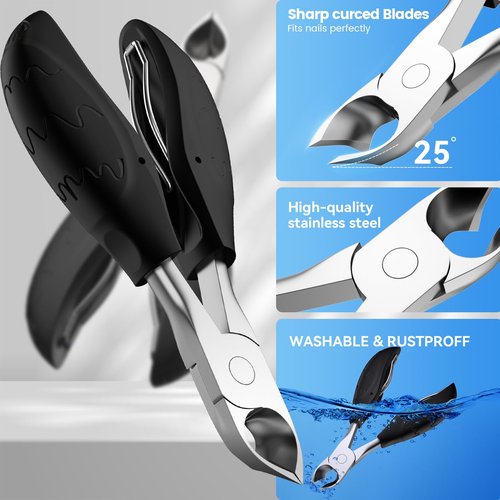 Toenail Clippers for Thick Nails for Seniors| INXEN 3-Pack Ergonomic Heavy Duty Angled Head Nail Clippers with Catcher | Premium Steel Wide Opening Fingernail Clippers Nail Cutter for Men & Women
