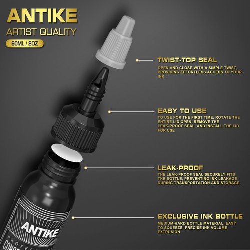 ANTIKE Black Tattoo Ink 2oz Pro Tattoo Ink Concentrated Black 60ml USA Standard Pigment for Tattoo Artist TI5003-60-030