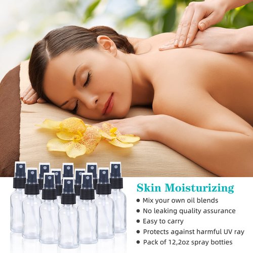 YONKAN 2oz Glass Spray Bottle, Fine Mist Boston Glass Bottles with Black Fine Mist Sprayer Small Clear Bottles for Essential Oils, Bath, Beauty, Hair & Cleaning, Clear, Pack of 12