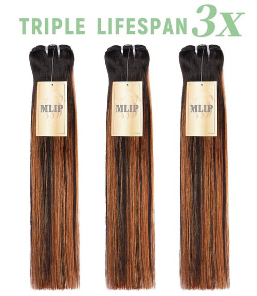 mlip Raw Bundles Human Hair Straight, No Tangle Shedding, Keep Texture Silky Soft After Multiple Washes, 15A Raw Indian Hair Bundles 10 Inches, Brown Highlight Bundles