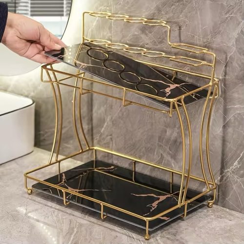 Banvikon 2-Tier Metal Bathroom Shelf Organizer, Makeup Organizer for Vanity, Black Gold Perfume, Skincare, Cosmetic Display. Bathroom Countertop Organizer.