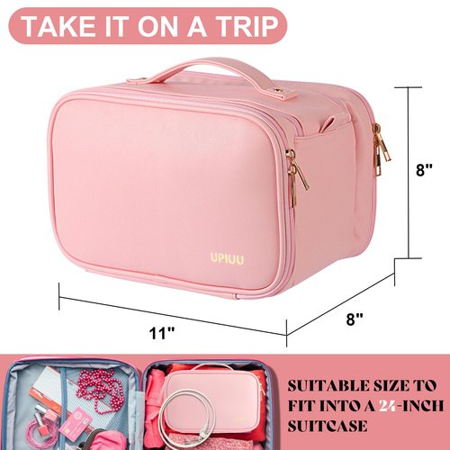 UPIUU Mothers Day Gifts, Toiletry Bag, Gifts for Women Mom, Large Cosmetic Bag, Travel Essentials,Toiletries Organizer Case for Grooming, Excellence PU Leather, Vertical Brush Holder, Pink