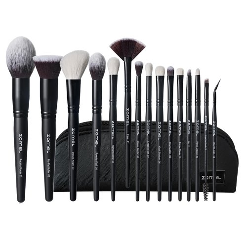ZAMEL Professional Makeup Brush Set - 15pcs Labeled Black Foundation & Eyeshadow Brushes with Travel Case, Cruelty-Free Premium Synthetic hair Soft Bristles, Ideal for Women & Makeup Lovers