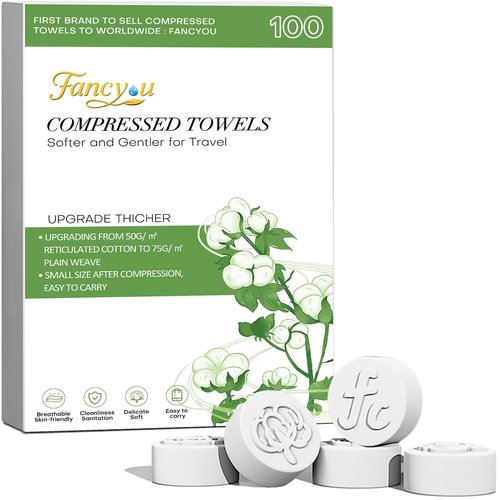 Fancyou Thickened Compressed Towel Tablets 100 Pcs, Ultra-Soft & Portable Disposable Facial Towels, Mini Coin Quick-Expand Washcloths for Daily Cleansing, Travel, Gym, Camping & Sensitive Skin Care