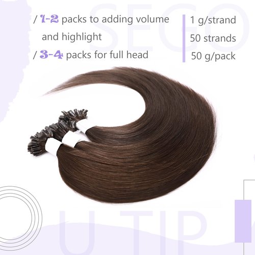 SEGO U Tip Hair Extensions Human Hair Keratin Pre Bonded Hot Fusion Nail Tip Balayage Natural Silky Straight Extensions 50 Strands 50g/Pack -14 Inch Medium Brown