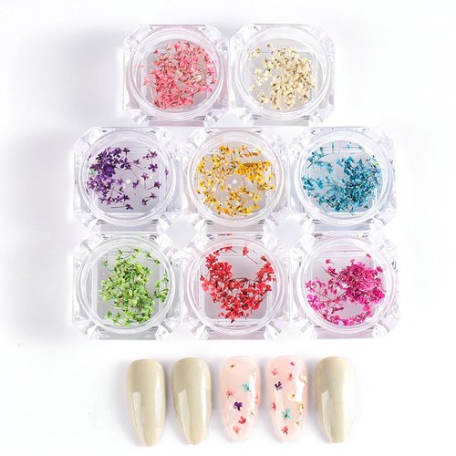 SILPECWEE 8 Boxes Dried Flowers for Nails Mini Real Nail Flowers 3D Dried Flowers Nail Stickers Nail Decor Manicure Design Nail Decorations for Makeup DIY Craft Accessories