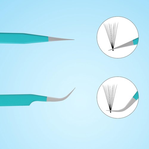 HADIZ Fiber Tip Eyelash Extension Tweezers Volume Lash Tweezer Staright & Curved Pack of Two (turquise)