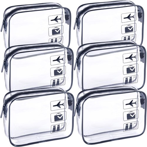 TREALDATE Clear Makeup Bags TSA Approved Toiletry Bag-6Pack，Clear TravelBags for Toiletries, Carry on Airport Airline Compliant Bag,Black