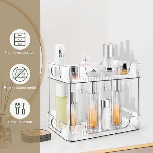 TENDER EPOCH 2-Tier Bathroom Counter Organizer Countertop Storage, Dresser Organizer Vanity Tray for Makeup, Perfume Organizer Cosmetics Skincare Shelf- Clear