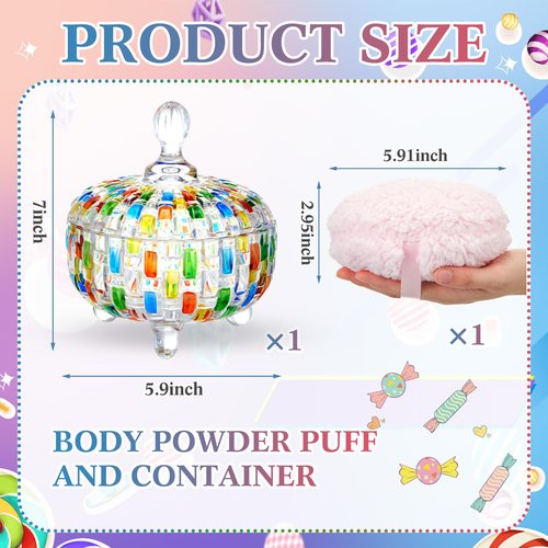 Tioncy 2 Pcs Extra Large Dusting Powder Puff and Container for Women-5.43'' Glass Crystal Dusting Powder Container with 5.91'' Body Soft Washable Reusable Velour Face(Multicolor,Weave Design)
