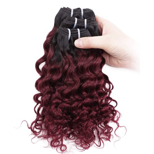 FASHION LINE 4 Bundles Deep Wave Short Bob Style Ombre 1B/99J Virgin Human Hair Bundles 50g Two Tone Burgundy Red Brazilian Hair Weave 12”