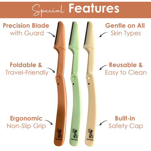 SNS Collections Eyebrow Razor - Premium Facial Hair Remover for Women, Smooth Dermaplaning Tool, Gentle & Safe, Stainless Steel, Compact Design for Travel & Daily Use (3-Pack)