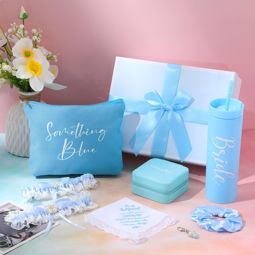 SilTriangle 8 Pcs Something Blue Wedding Gift for Bride Wedding Handkerchief 16 oz Skinny Acrylic Tumbler Lace Garter Belt Angel Bouquet Charm Bridal Cosmetic Bag Scrunchies Gift Box Jewelry Case