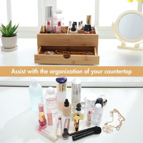 GOBAM Bamboo Makeup Organizer and Storage with Drawer, Wooden Cosmetic Organizer Countertop for Bathroom, Bedroom, Kitchen & Dresser, Desk Organizer with Drawers and Make up Vanity Station - Medium
