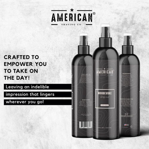 American Shaving Co. Woodevoke Body Mist For Men 8 oz, Made in USA, Quick Absorption, Quality Potent Ingredients, Long-Lasting, Non-GMO, GMP Certified, Cruelty-Free Products