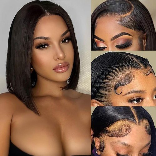 Bob Wig Human Hair Wig Short 13x4 Lace Front Wigs Human Hair Pre Plucked 10 Inch Bob Wig Short Wigs for Black Women Bob Wigs Human Hair 180% Density With Baby Hair Natural Black Straight Glueless