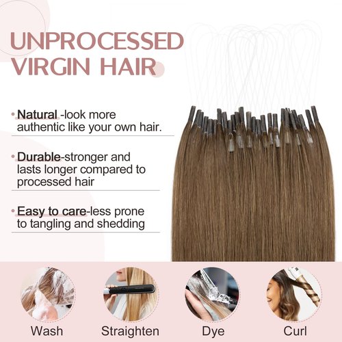 SEGO U Tip Hair Extensions Human Hair, Keratin Bonded & Loop Hair Extensions, K Tip Hot Fusion for Silky Straight Highlights, 1g per Strand, 50 Strands/50g, 16" Medium Brown