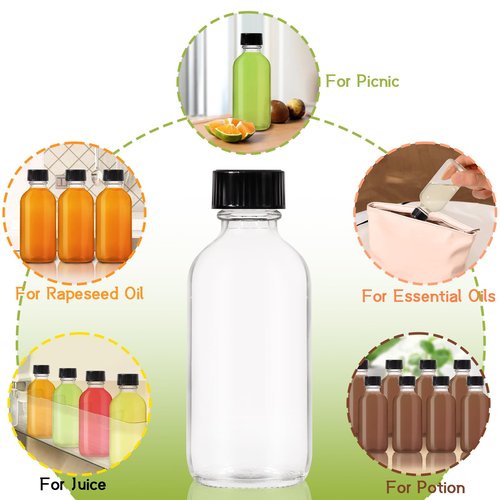 8 Pack, 2 oz Small Clear Glass Bottles with Lid and Funnels - 60ml Boston Shot Bottles With Caps, Immunity, Potion, Wellness, Sample, Ginger, Juice - Mini Personal Care & Beauty Travel Bottle