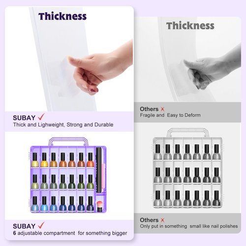 SUBAY 2 Pcs Portable Nail Polish Organizer, Clear Double Side Nail Polish Holder,Gel Nail Storage for 48 Bottles with 6 Adjustable Dividers in Each Side Space Saver Purple