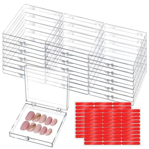 CloudTrip 15 Pcs Large (8 x 8cm) Press On Nail Packaging Storage Box and 60pcs Adhesive Tabs - Acrylic Organizer Case for Artificial Nail Business Supplies (Clear 15 Pack)