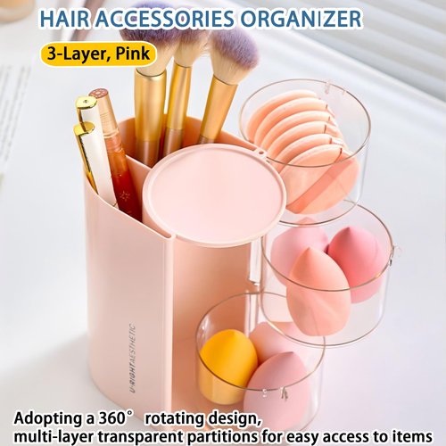 Azurphoric Hair Accessories Organizer with Hair Brush Holder, Rotatable Makeup Brush Holder for Necklaces, Earring, Bracelet, Ring, Makeup Brushes, Hair Clip and Hair Accessories (Pink, 3-Layer)