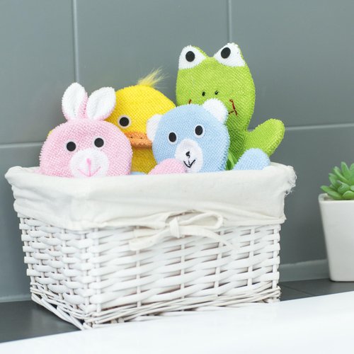 Made Easy Kit Hand Puppet Bath Wash Mitt Towel with Animal Designs with Loofahs for Fun Interactive Bathing Time (Green Yellow Pink Blue)
