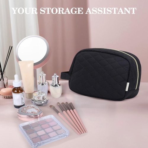 MAXTOP Black Quilted Makeup Bag Small Makeup Pouch for Women Travel Essentials Waterproof Travel Bag for Cosmetics Toiletries Accessories（Black）